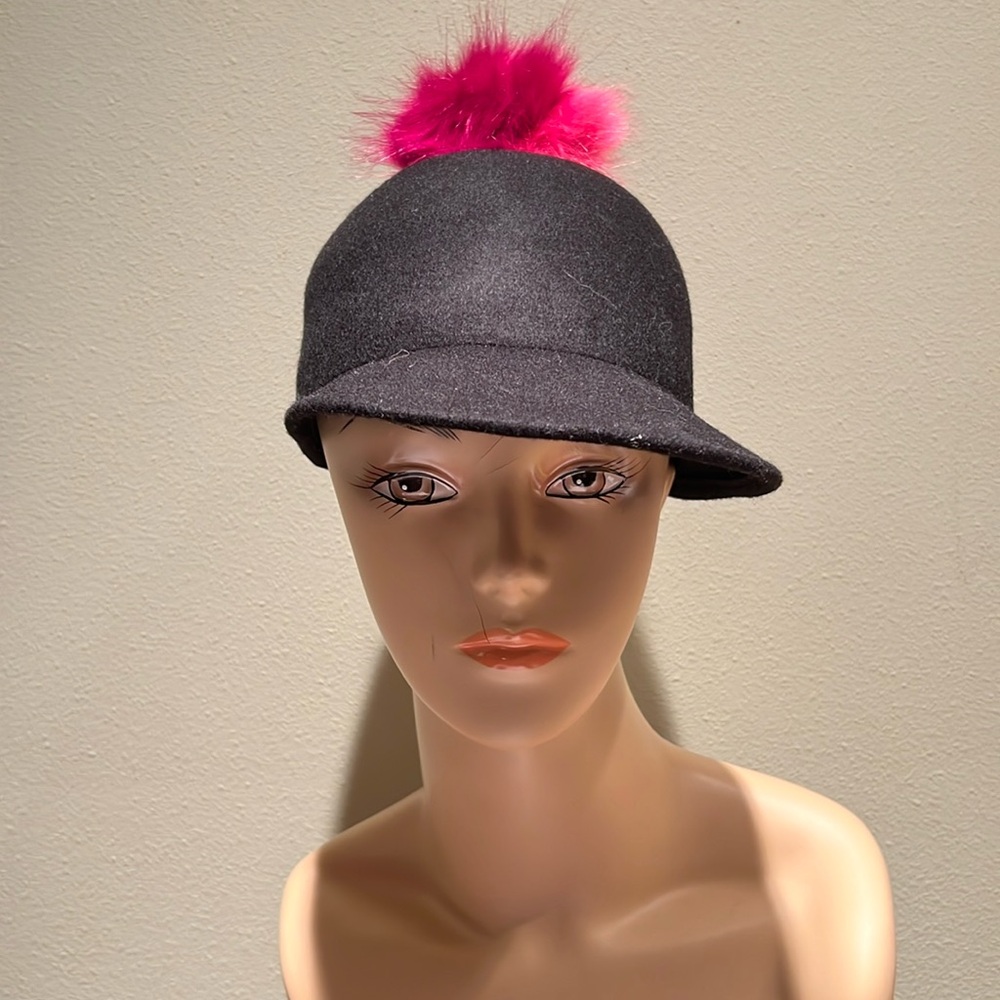 Halogen Black Wool Riding Cap With Pink And Black Faux Fur Pom Pom O/S